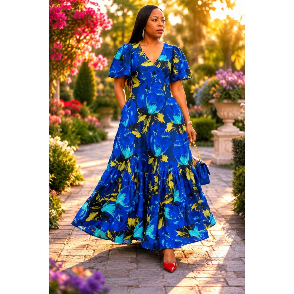 NWT! Christopher John Rogers Target Floral Puff Sleeve Maxi Dress Blue Yellow 0
